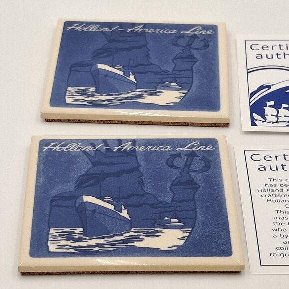 Holland American Cruise Line Neptune Blue Delft Coaster Tiles w/Cork Set of 2 - Picture 1 of 10